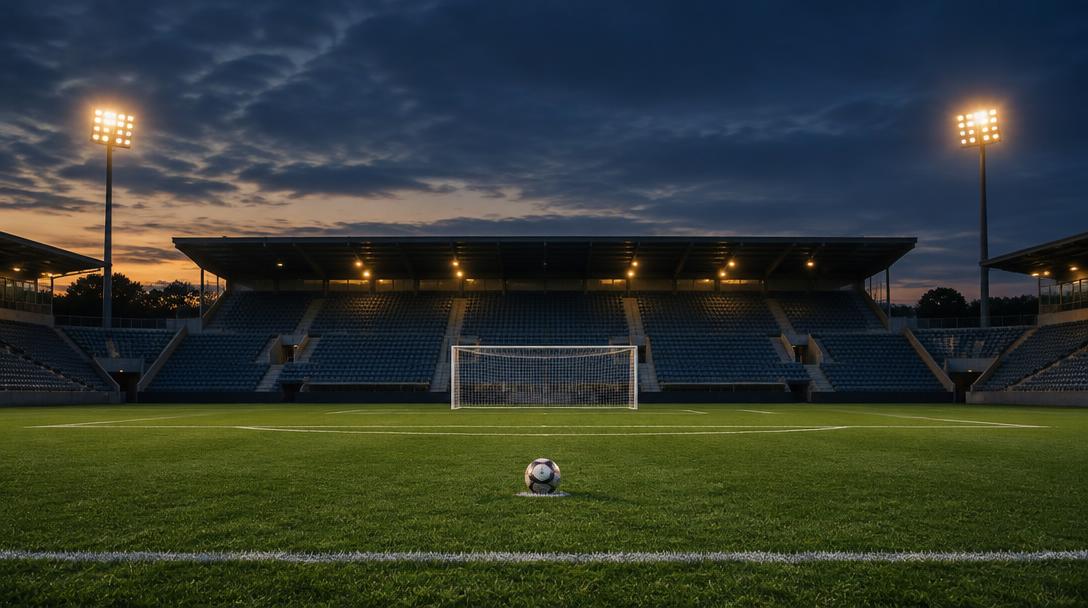 Tomt fotballstadion i skumringen med en ball på straffemerket